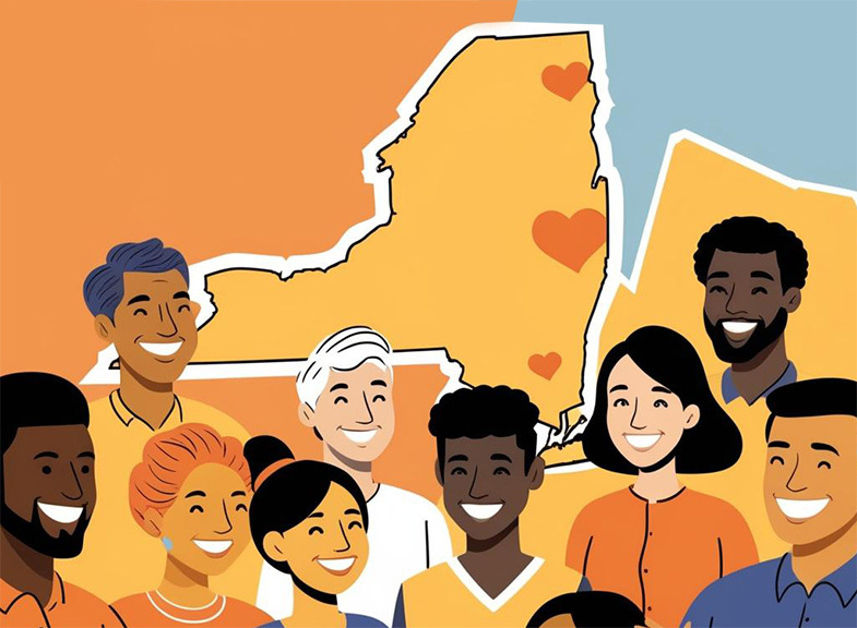 Cartoon image of diverse people in front of the outline of the state of New York